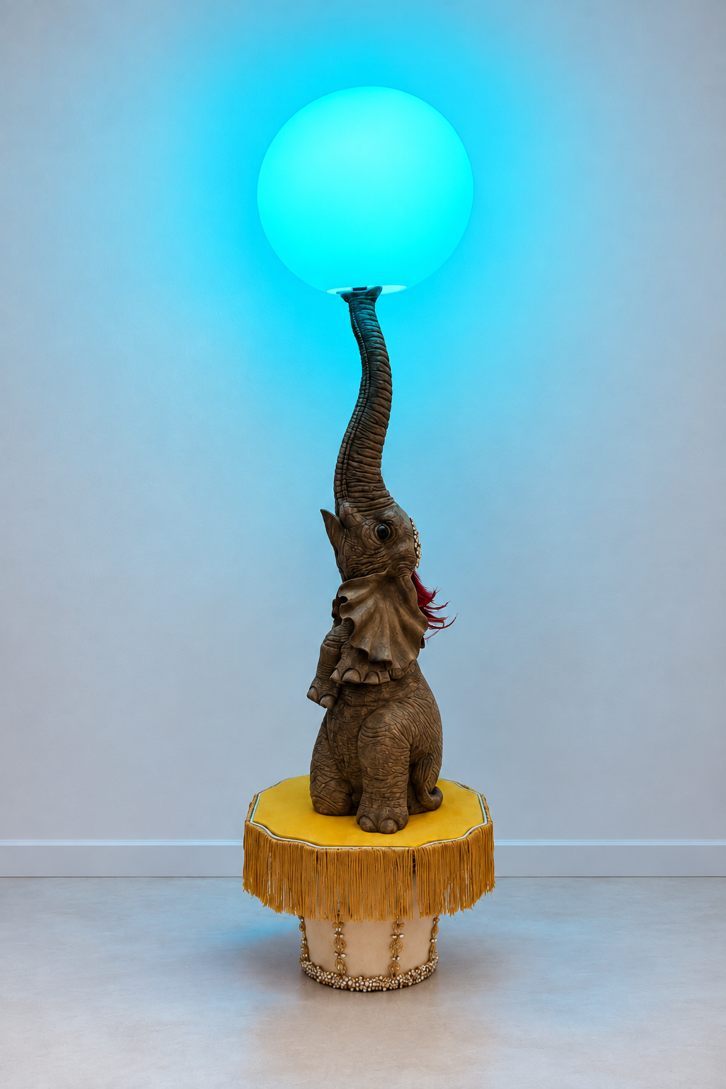 The Elephant Lamp with a teal glowing globe and teal light spreading onto the wall and floor.