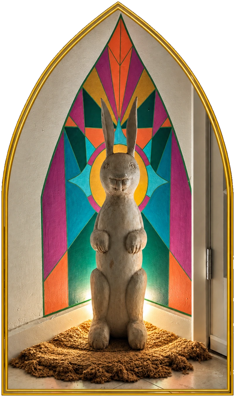 Rabbit Shrine — a real, hand-carved white rabbit beneath a colorful pointed painted halo, beside the actual room door; the photograph is framed with two gold arch lines.
