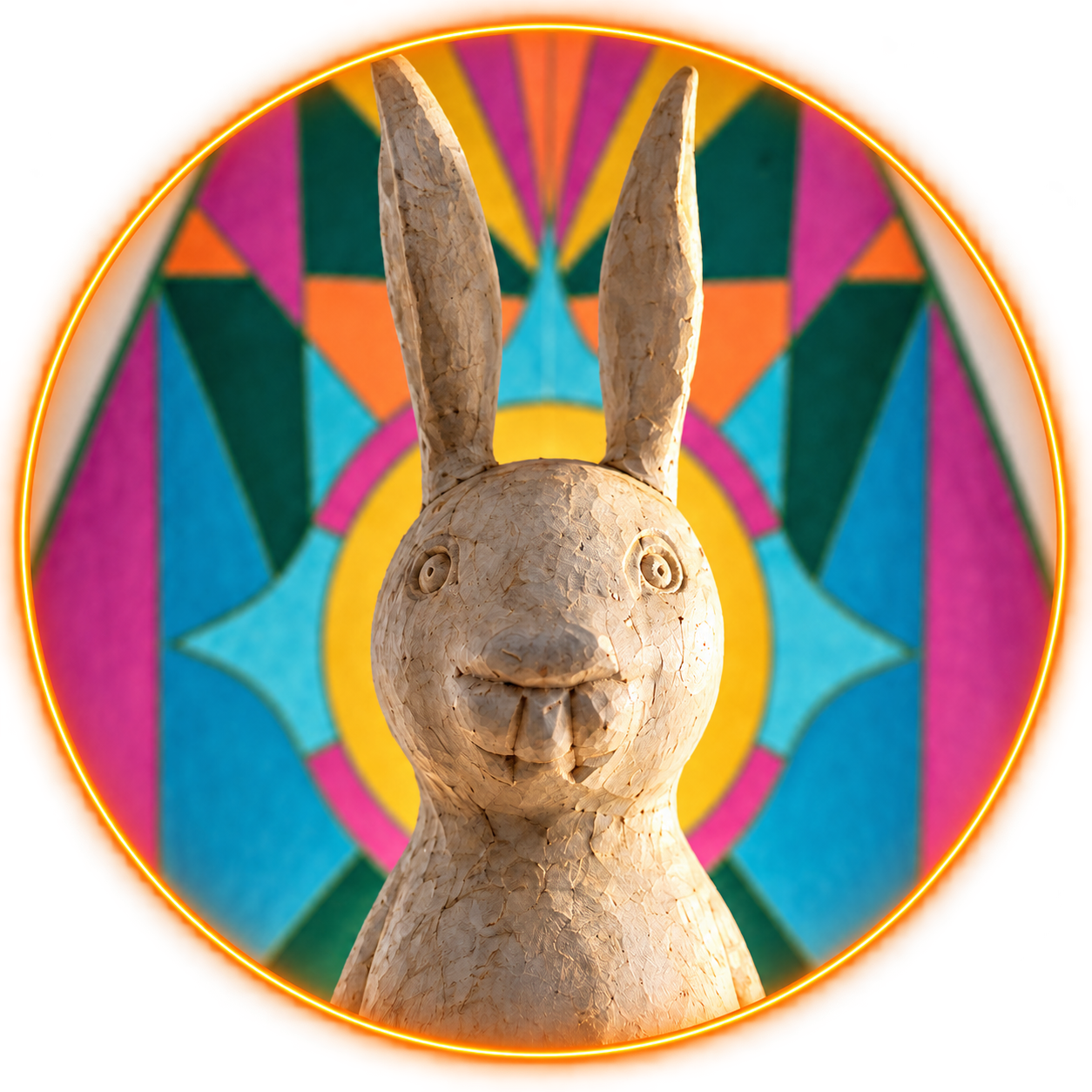 The wooden rabbit in the neon-orange portal