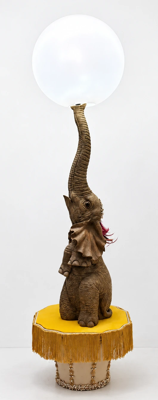 Elephant Lamp on a gold-fringed mustard pedestal, balancing its white glowing globe, in a clean studio portrait.