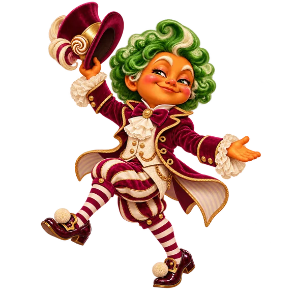 A green-haired candy-factory performer dances in a magnificent, unnecessary celebration